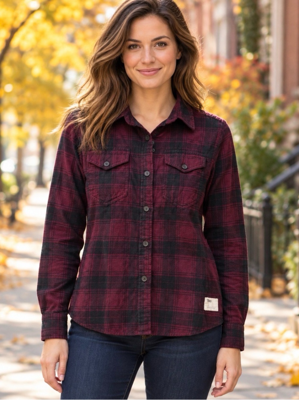 Tilley Women’s Plaid Flannel Button-Up Shirt – Size Small – Burgundy & Black